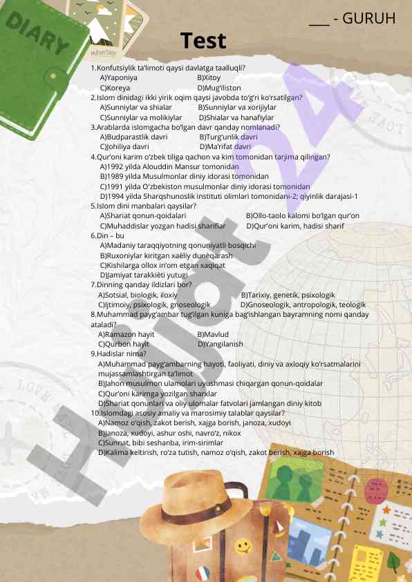 Dinshunoslik fanidan tes javoblari bilan