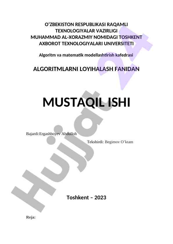 Algoritmlarni loyihalash fanidan mustaqil ish