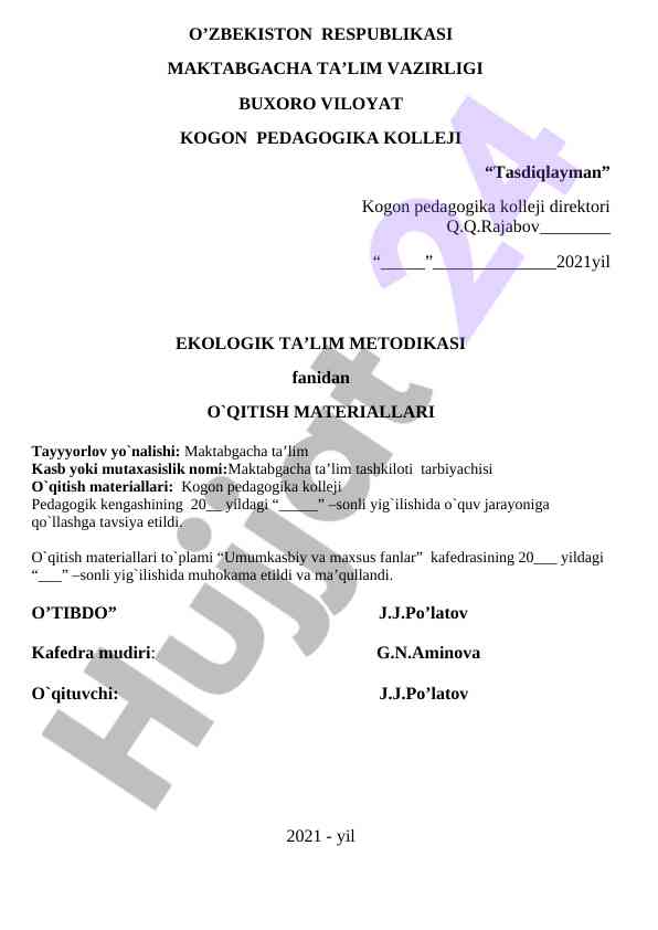 Ekologik ta'lim metodikasi o'qitish materiallari
