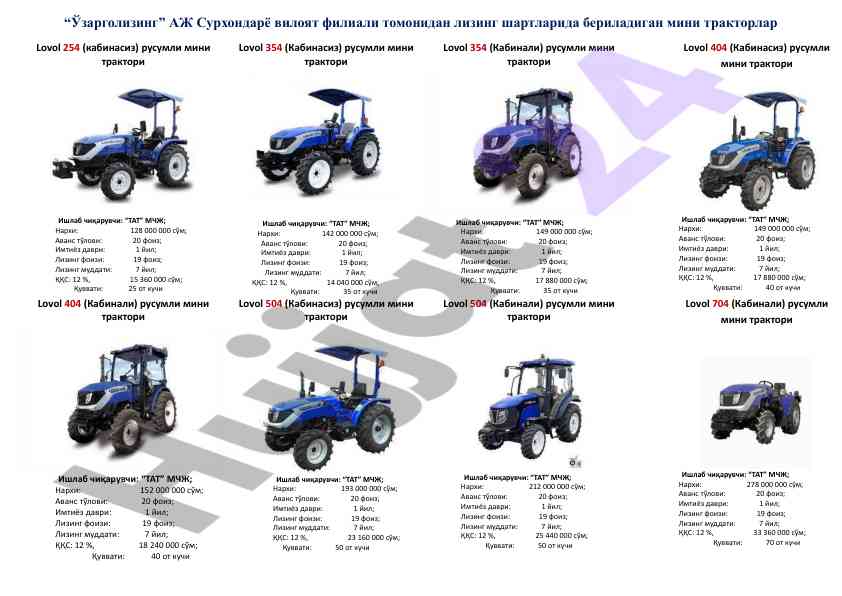 Lovol mini traktorlarining lizing shartlari