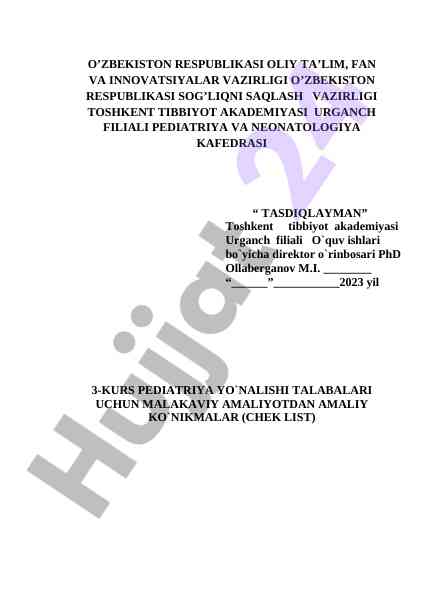Malakaviy amaliyotdan amaliy ko‘nikmalar chek list 2023