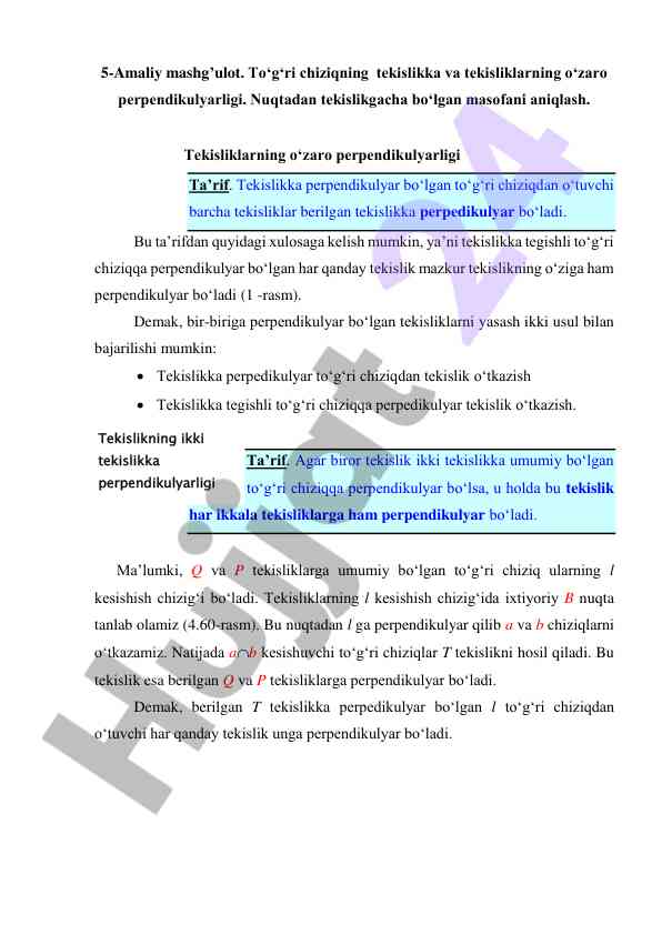 Perpendikulyarlik va tekisliklar o‘rtasidagi munosabatlar