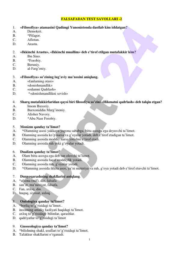 Falsafadan test savollari - 2