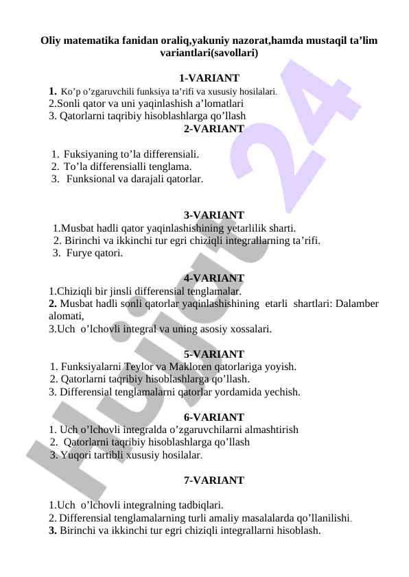 Oliy matematika fanidan mustaqil ta'lim variantlari