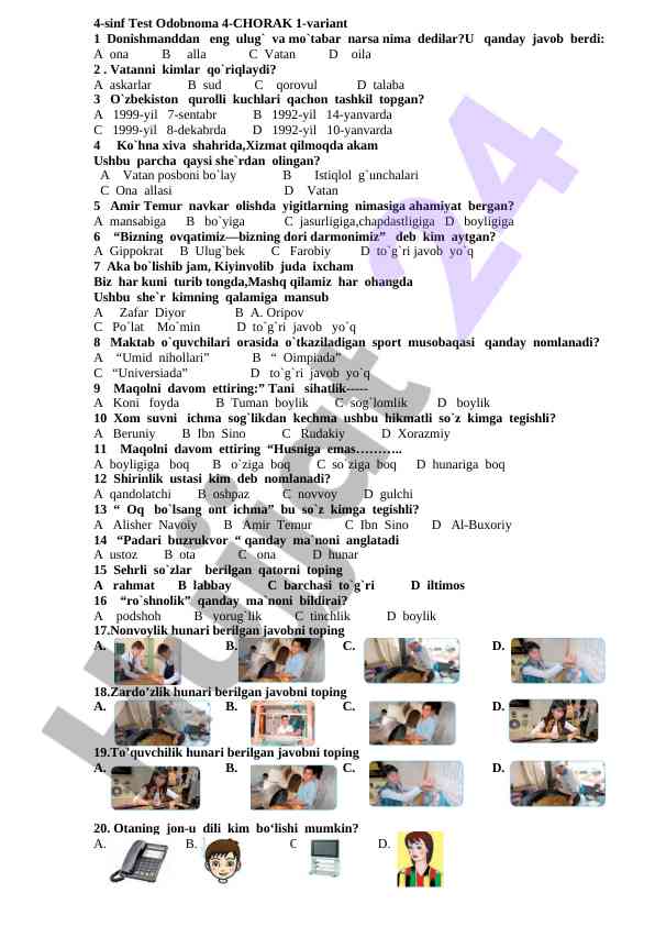 4-sinf test odobnoma 4-chorak 1-variant