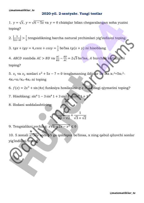 Yangi matematik testlar va savollar