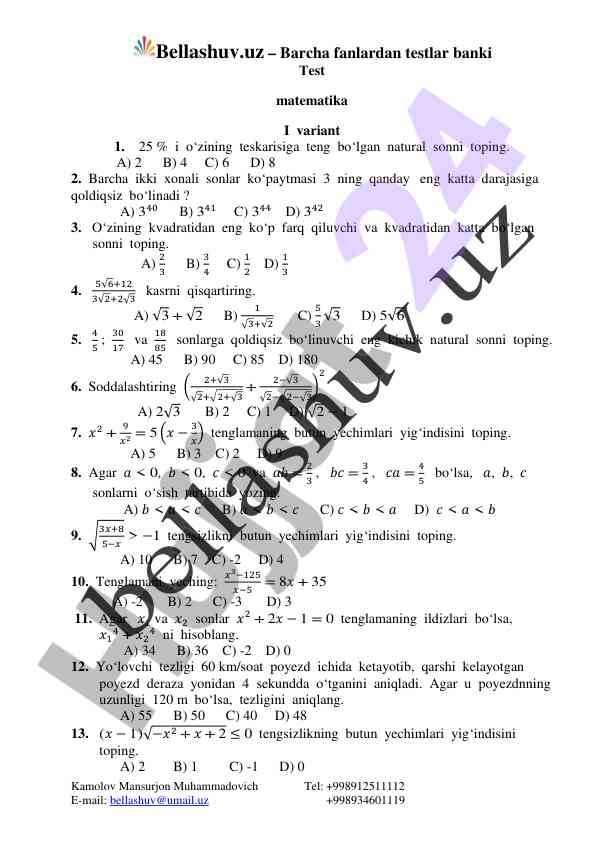 Matematika testlari banki savollar va javoblar