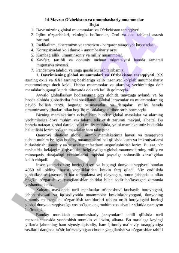 O’zbekistonning umumbashariy muammolari tahlili