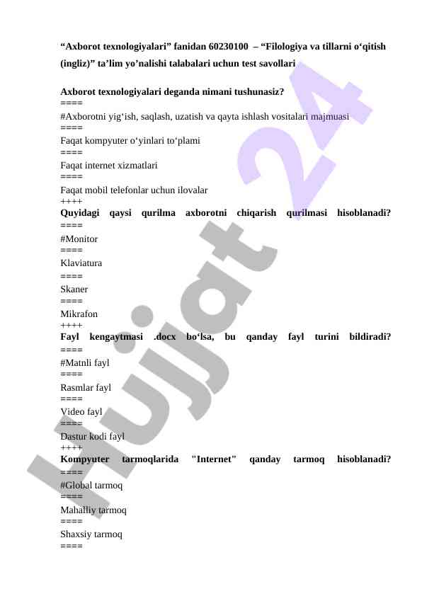 Axborot texnologiyalari test savollari filologiya