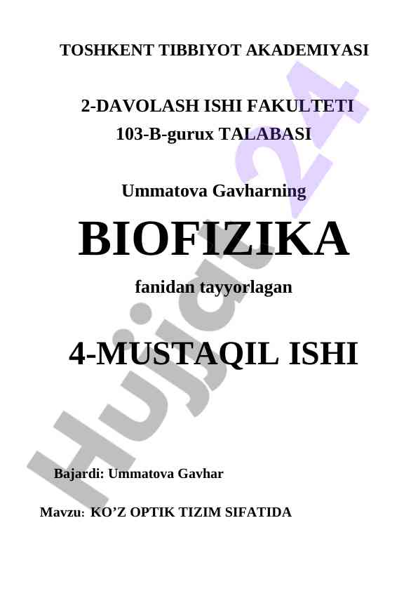 Ko'z optik tizim sifatida mustaqil ish