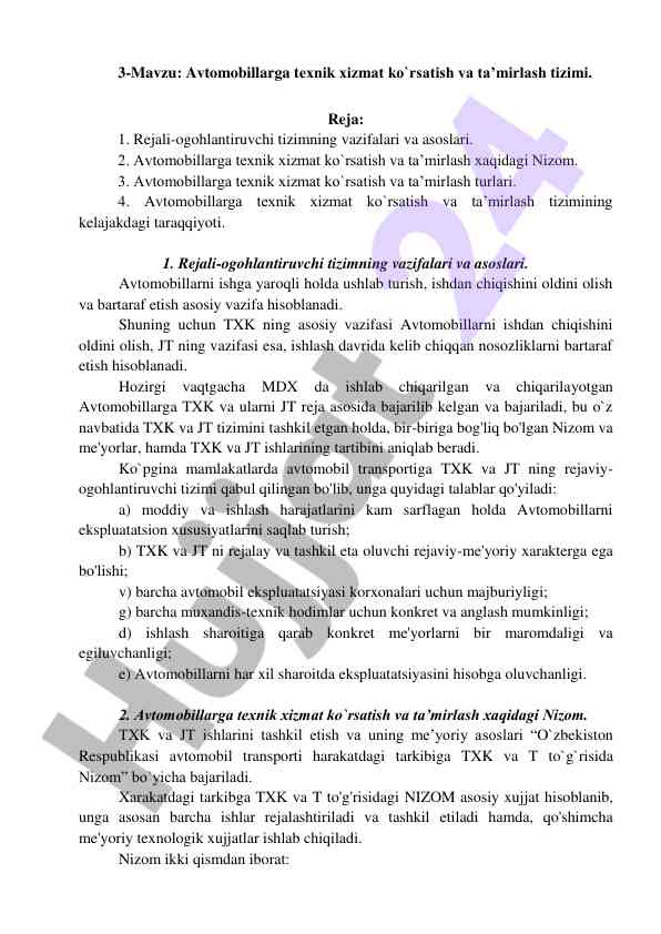 Avtomobillarga texnik xizmat ko'rsatish tizimi tahlili