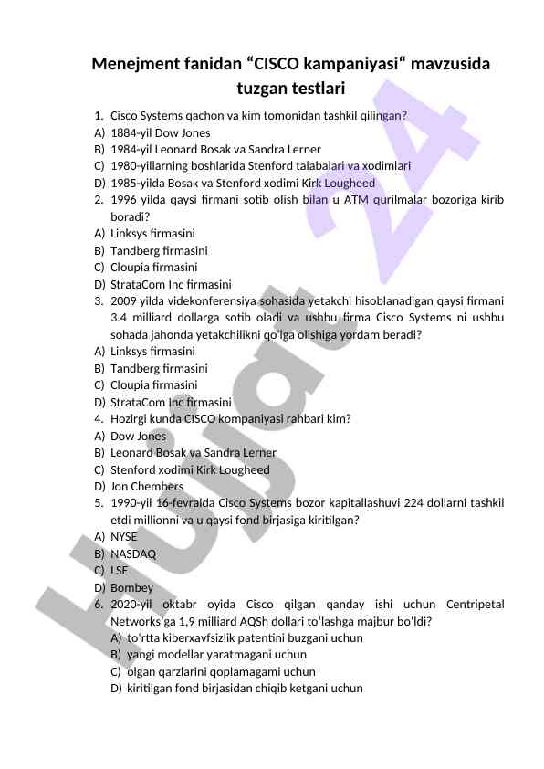 Cisco kampaniyasi mavzusida tuzilgan testlar