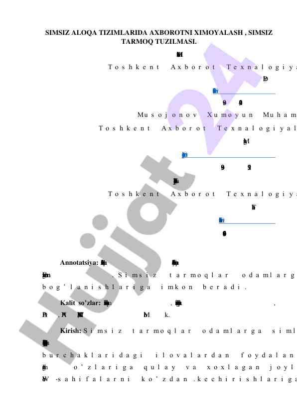 Simsiz aloqa tizimlarida axborotni ximoyalash