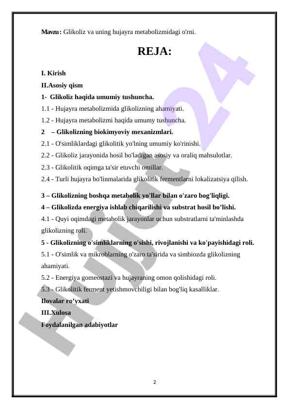 Glikoliz va hujayra metabolizmidagi o'rni