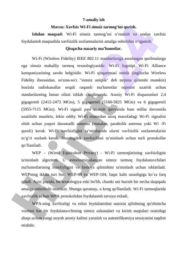 Xavfsiz wi-fi simsiz tarmog‘ini qurish amaliy ish
