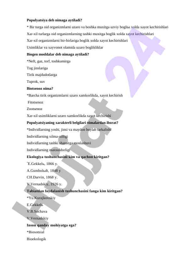 Populyatsiya va biogen moddalar tushunchalari