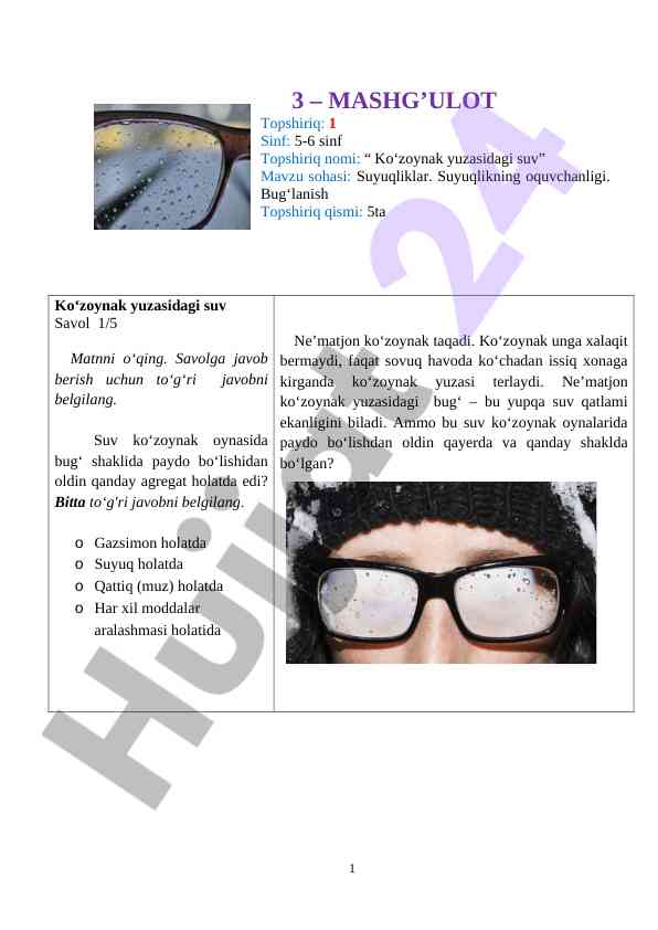 Ko‘zoynak yuzasidagi suv mavzusi va savollar