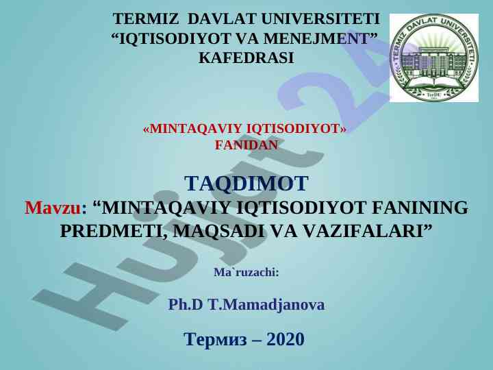 Mintaqaviy iqtisodiyot fanining predmeti va maqsadlari