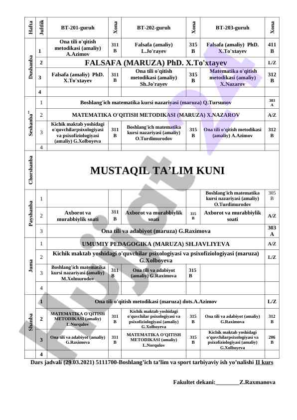 Dars jadvali boshlang’ich ta'lim ii kurs