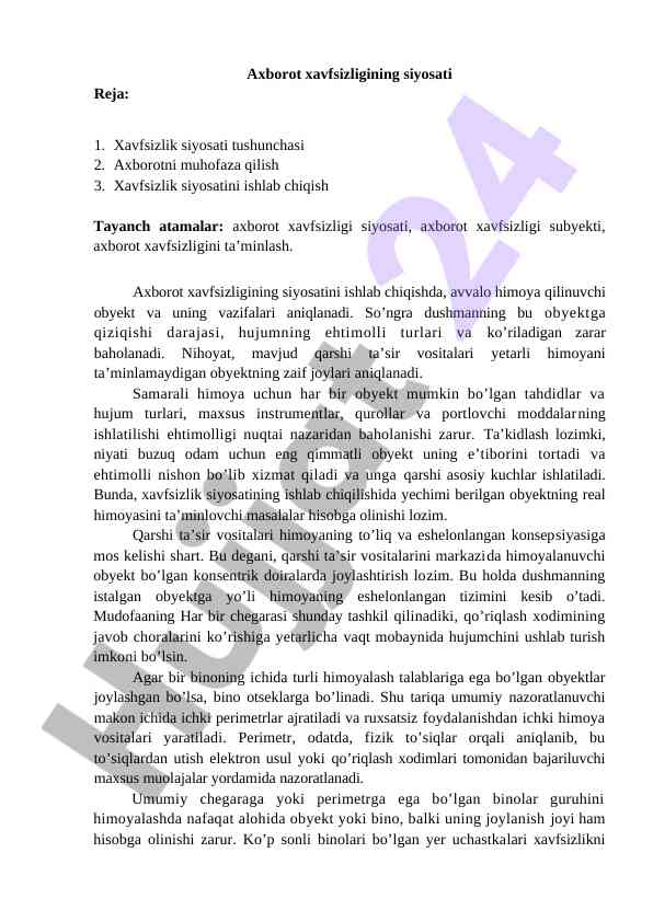 Axborot xavfsizligi siyosati tushunchasi