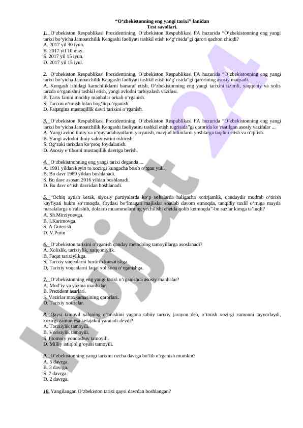O‘zbekistonning eng yangi tarixi fanidan test savollari