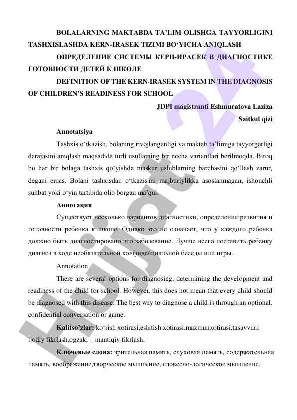 Bolaning maktabga tayyorligini tashxislash usullari