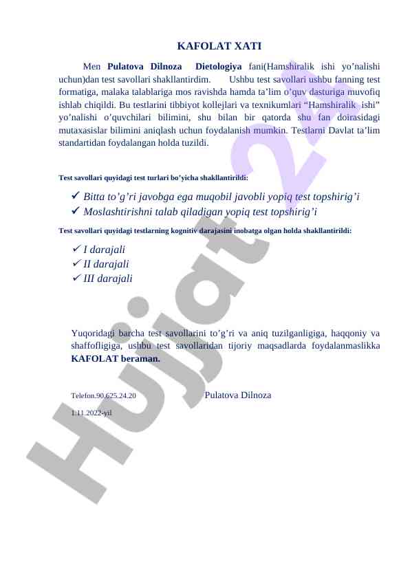 Dietologiya fani bo'yicha test savollari