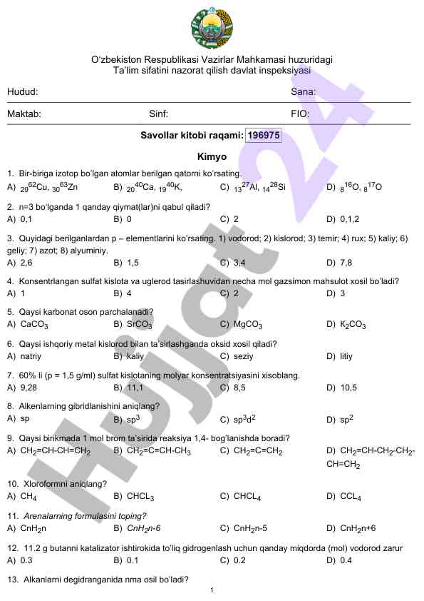 Kimyo fanidan test savollari