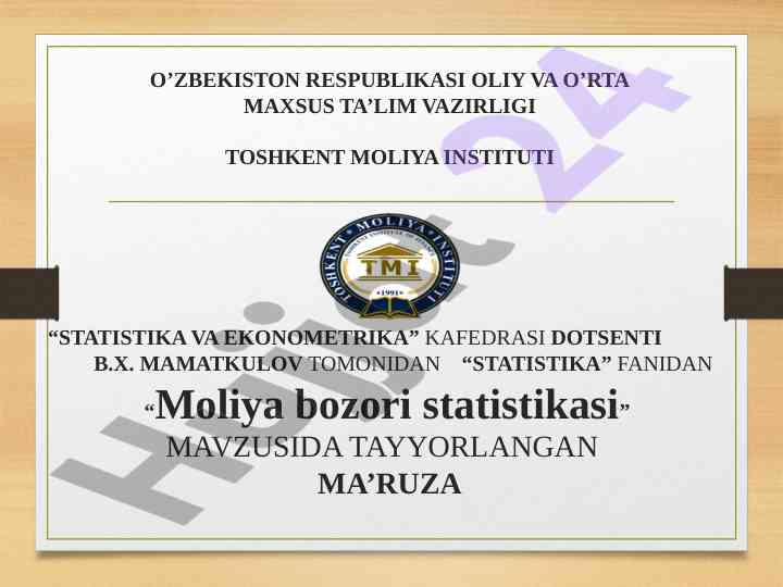 Moliya bozori statistikasi haqida ma'ruza