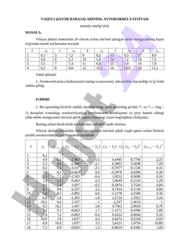 Vaqtli qator darajalarining avtokorrelyatsiyasi
