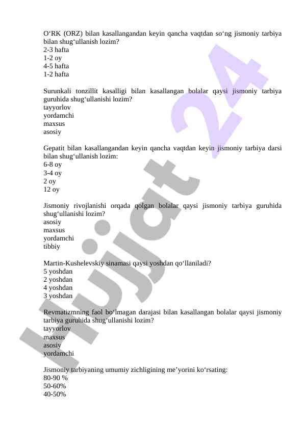 Jismoniy tarbiya darslari uchun test savollari