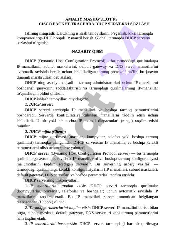 Dhcp serverni sozlash amaliy mashg'ulotlari
