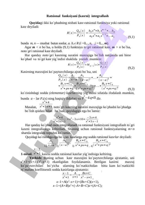 Ratsional funksiyalar integrallash asoslari