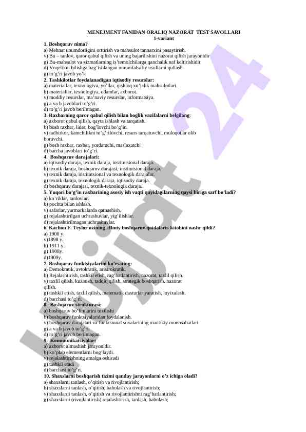 Menejment fanidan oralıq nazorat test savollari