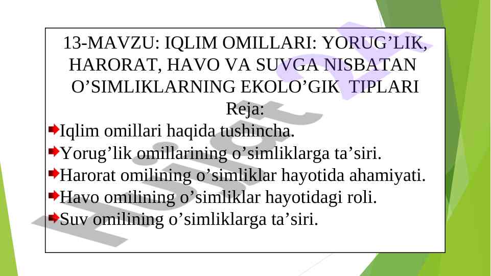 Iqlim omillari va o'simliklar ekologiyasi