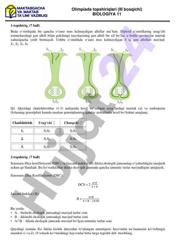 Biologiya olimpiadasi topsiriqlari iii bosqichi