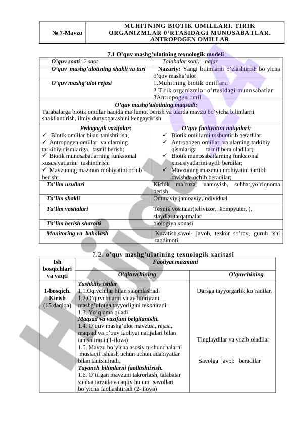 O’quv mashg’ulotining texnologik modeli va xaritali
