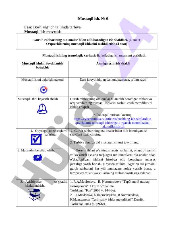 Mustaqil ishning texnologik xaritasini tahlil