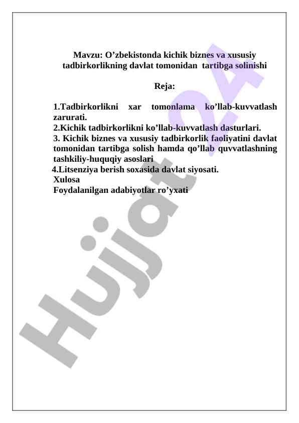 O’zbekistonda kichik biznes va xususiy tadbirkorlik