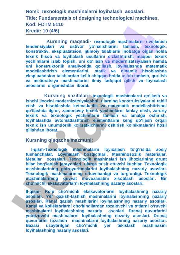 Texnologik mashinalarni loyihalash asoslari