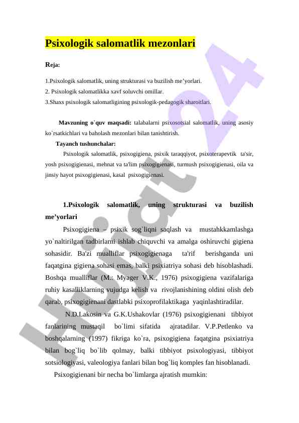 Psixologik salomatlik mezonlari va xavf omillari