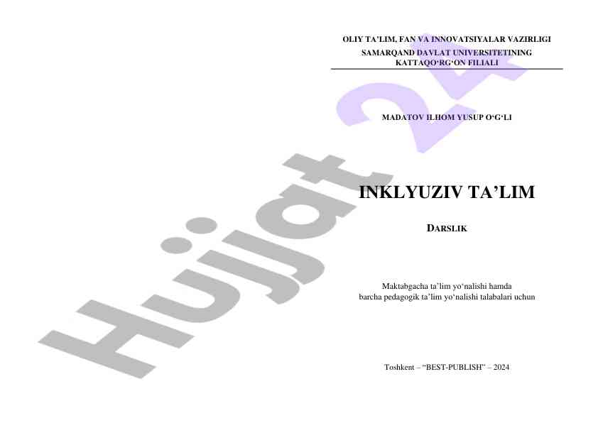 Inklyuziv ta’lim darslik maktabgacha ta’lim yo‘nalishi
