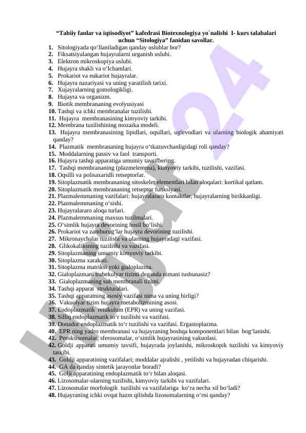 Sitologiya fanidan savollar ro'yxati