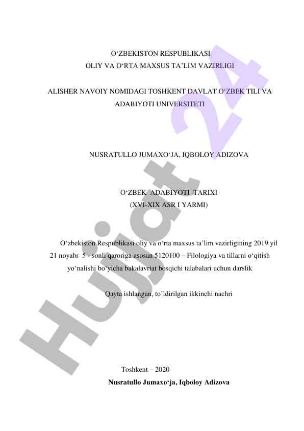 O‘zbek adabiyoti tarixi darsligi xvi-xix asrlar uchun