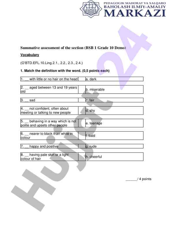 Summative assessment vocabulary for grade 10