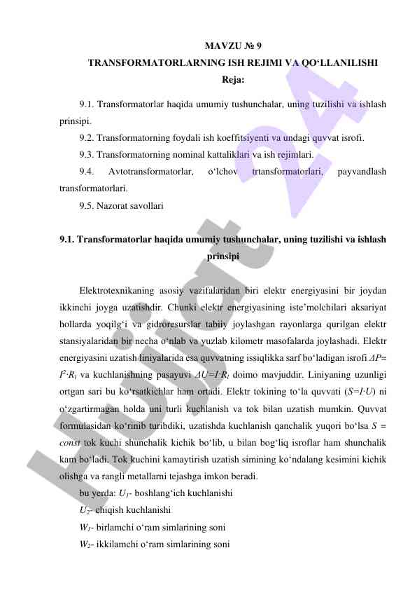 Transformatorlarning ish rejimi va qo'llanilishi
