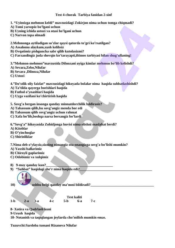 Test 4-chorak tarbiya fanidan 2-sinf savollari