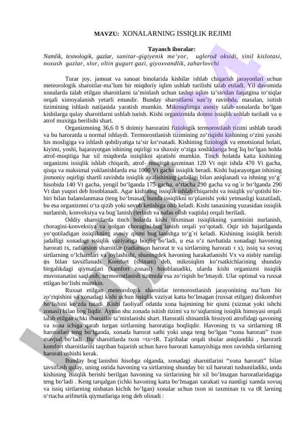 Xonalarning issiqlik rejimi va mikroiqlim sharoitlari