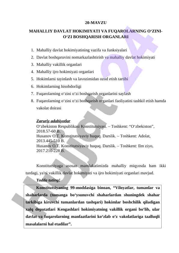 Mahalliy davlat hokimiyati va fuqarolarning o‘zini-o‘zi boshqarish
