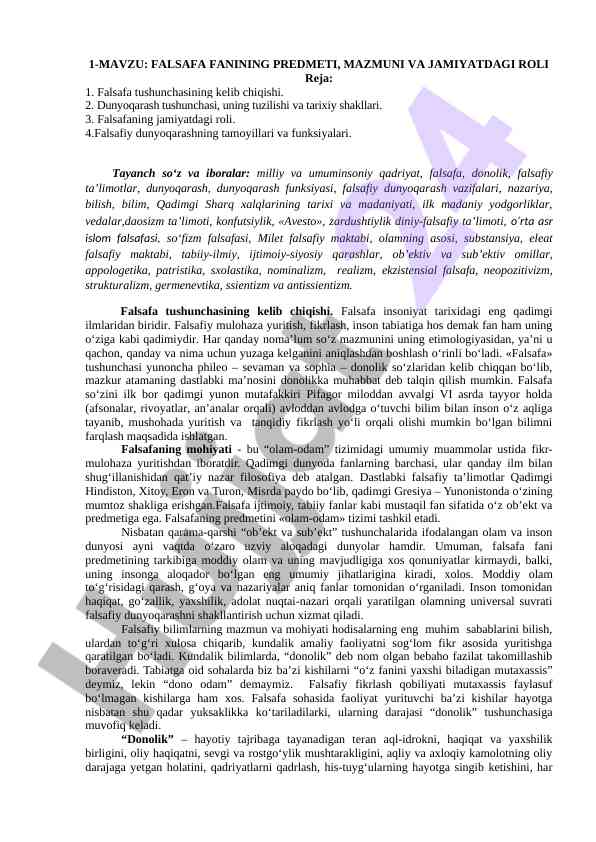 Falsafa fanining mazmuni va jamiyatdagi roli